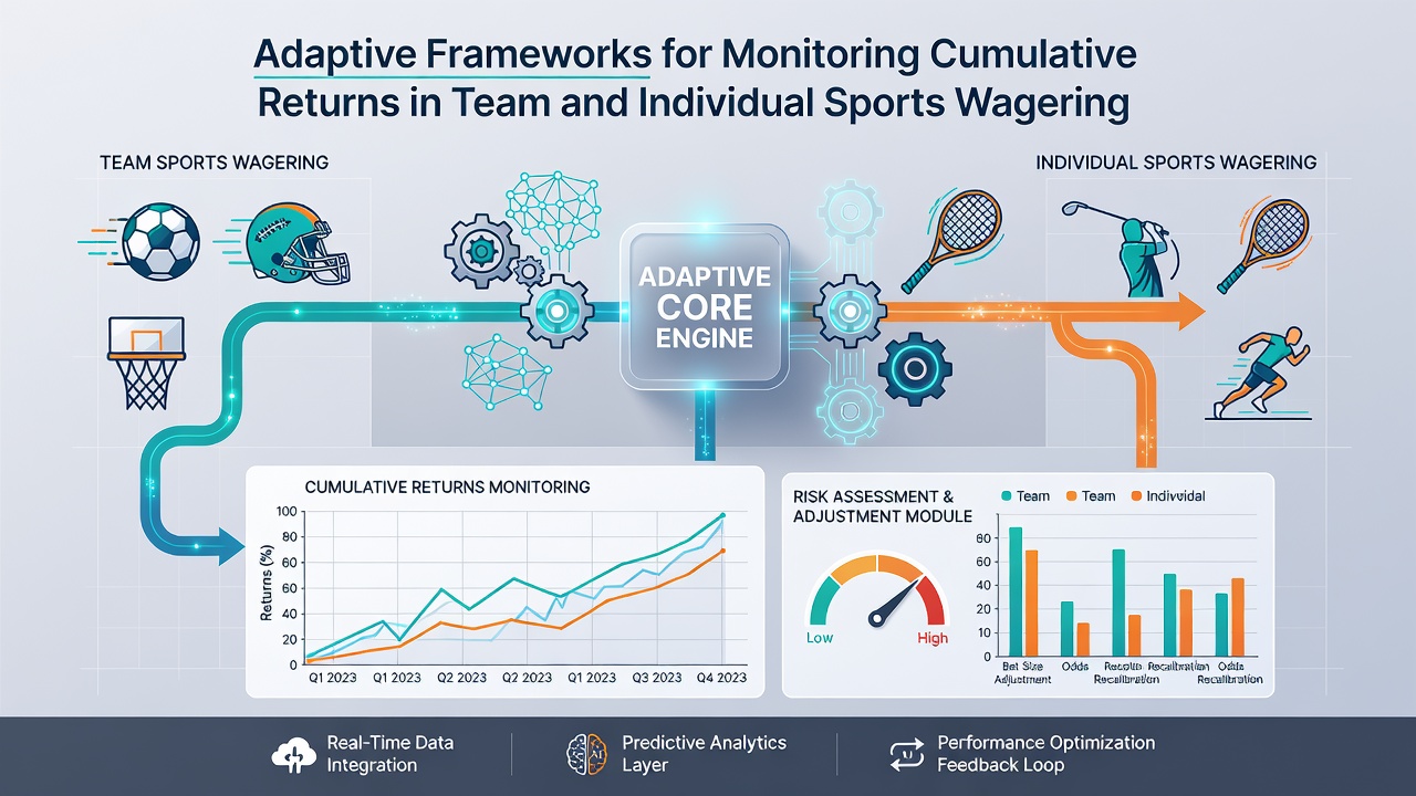 Analyst reviewing adaptive framework outputs on dual monitors showing team and individual sports return graphs