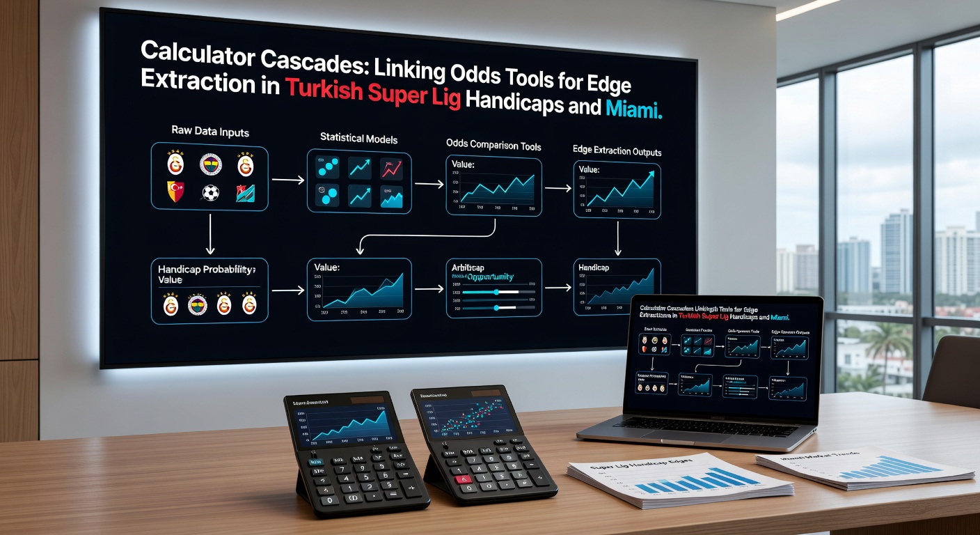 Close-up of a calculator cascade interface displaying linked modules for EV calculation on a Super Lig handicap bet and Miami Masters player matchup, with probability bars and stake recommendations