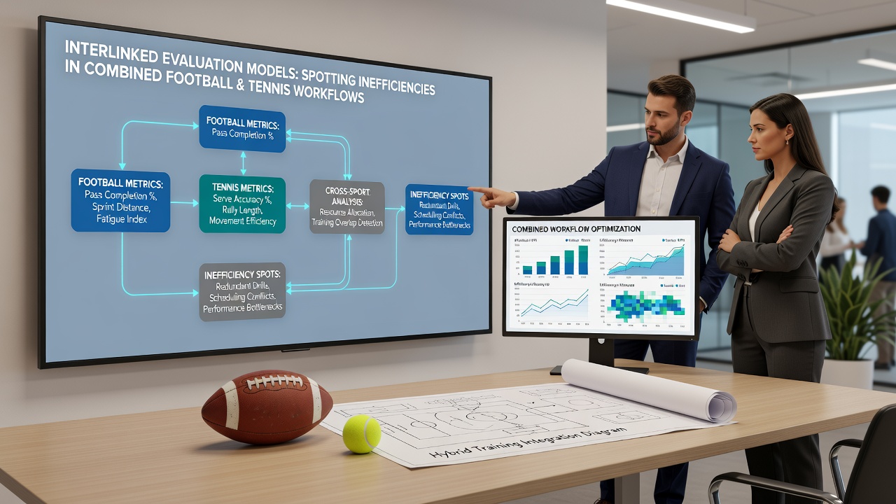 Flowchart illustrating data flow between football statistics modules and tennis analytics engines within an interlinked evaluation system
