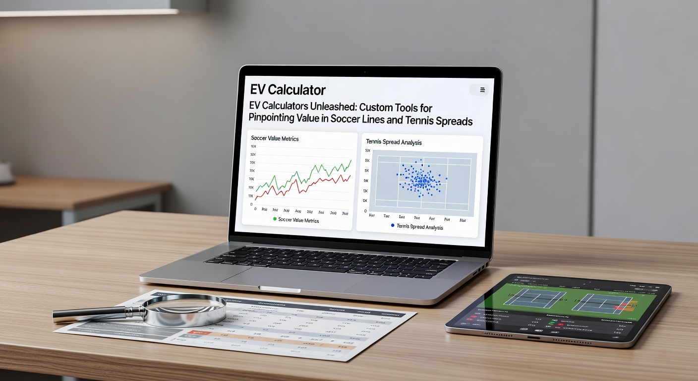 Close-up of a custom Excel EV calculator sheet for tennis spreads, showing inputs for player stats, odds comparison, and positive EV highlights in green
