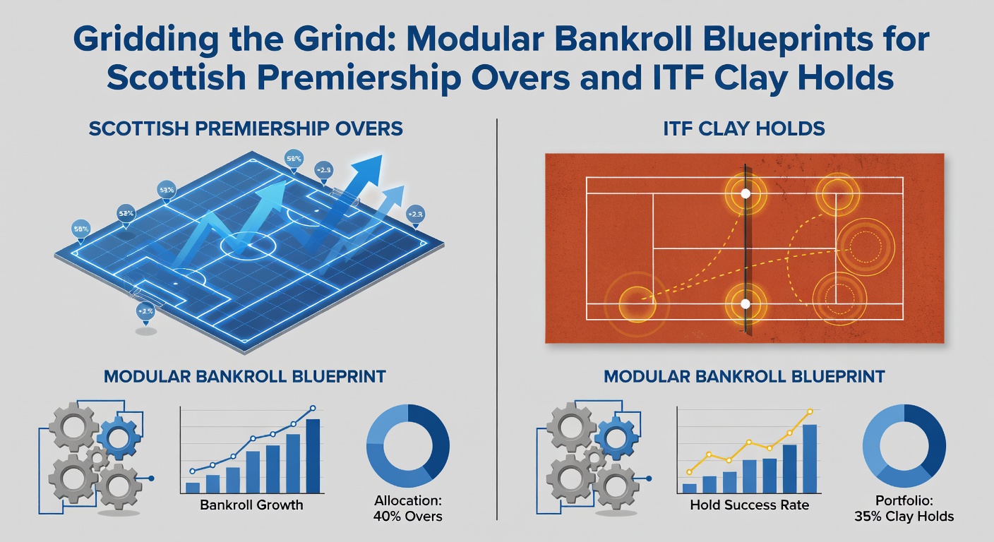 Detailed chart displaying modular bankroll allocation, with pie segments for Scottish Premiership overs bets alongside ITF clay hold probabilities and historical performance metrics