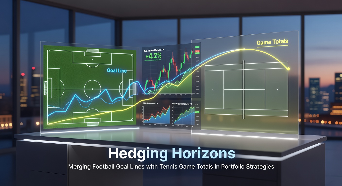 Infographic illustrating a sample hedging portfolio with football over/under goals balanced against tennis total games, including risk metrics and ROI projections