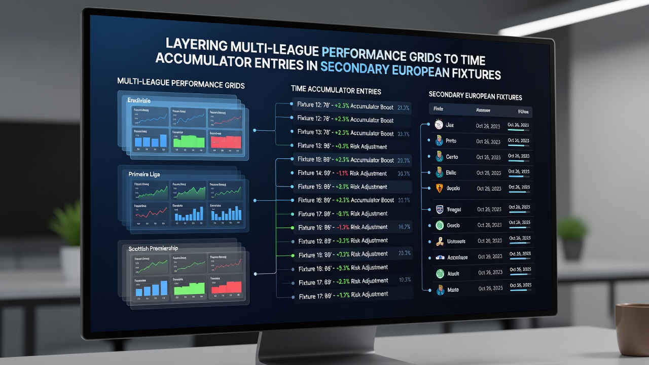 Accumulator timing chart overlaid with multi-league performance indicators for European secondary fixtures