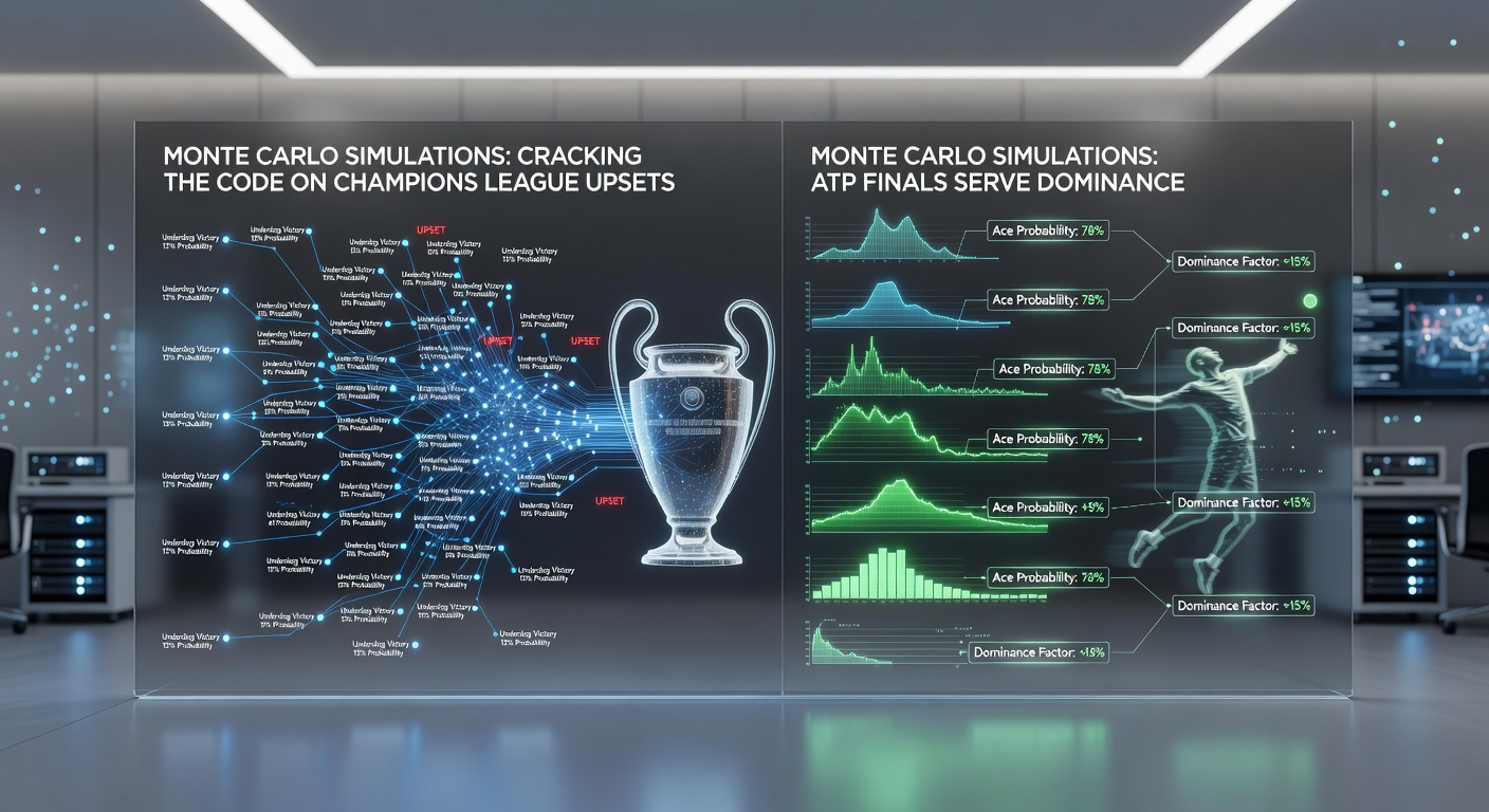 Chart depicting Monte Carlo results for a simulated Champions League knockout match, highlighting upset probability spikes