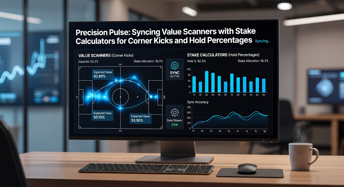 Close-up of synced software interface displaying corner kick projections alongside tennis hold percentages, with stake recommendations overlaid on live odds charts