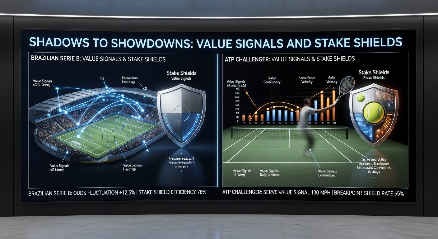 ATP Challenger tennis rally on clay court with stake shield graphs illustrating risk-adjusted betting outcomes