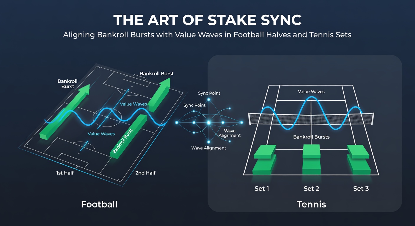 Visual breakdown of a tennis set value wave synced with escalating bankroll stakes, contrasted against a football half goal probability curve
