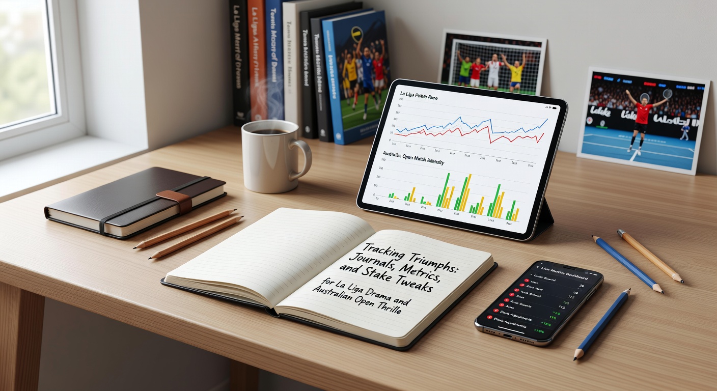 Close-up graphs and charts on a laptop screen displaying betting metrics like ROI curves and stake adjustment models, overlaid with La Liga league table snippets and Australian Open bracket visuals